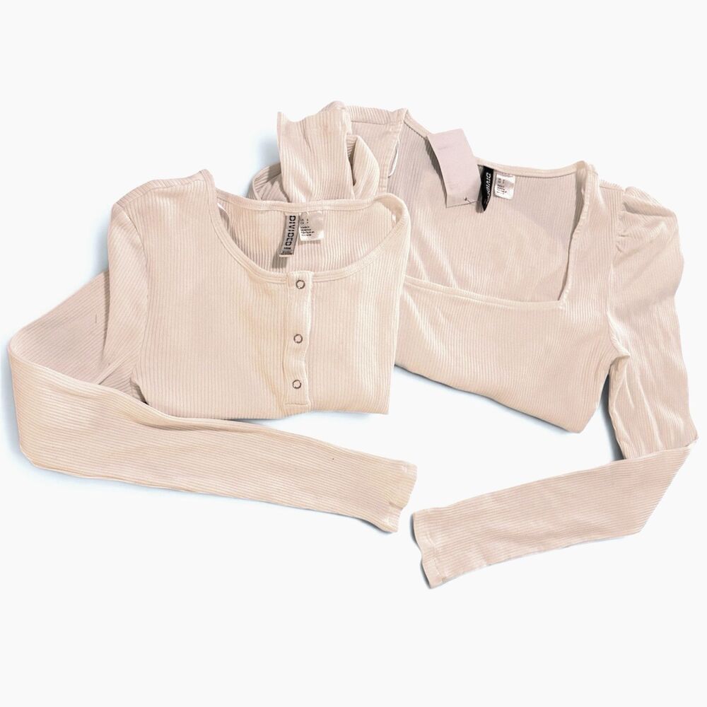 2 Divided H&M White Long Sleeve Ribbed Knit Crop Tops Fitted Cottagecore S NEW